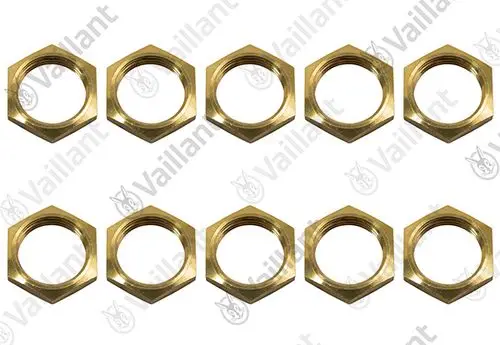 Zehn metallische Muttern in hexagonaler Form von Vaillant, ausgelegt in zwei Reihen, mit einer glatten Innenfläche zur Befestigung.